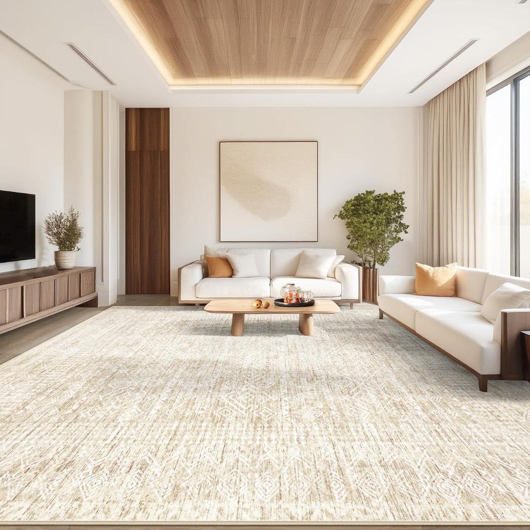 Living Room Rugs 10x14: Washable Moroccan Geometric Boho Rug Farmhouse Non Slip Stain Resistant Large Rug Low Pile Soft Carpet for Bedroom Dining Room Kids Room (Beige,10x14)