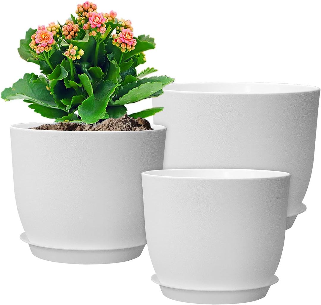 WSMKSZ 12/10/9 inch Large Plant Pots, 3 Pack Modern Decorative Plastic Planters with Drainage Holes and Saucers, Flower Pots for Indoor Outdoor Plants, White