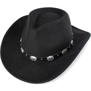 Kids Cowboy Hat for Boys Girls Western Felt Fedora Hat  (4-8 Years, Black-round Metal Buckle Belt)