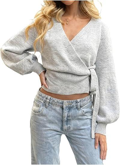 Women's V Neck Wrap Sweater Long Lantern Sleeve Cinched Waist Crop Tops Fall Knitwear, L
