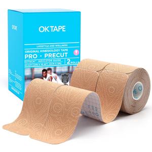 OK TAPE PRO Original Kinesiology Tape Pre-Cut Strips, Latex Free Elastic Athletic Tape Roll, 2in16ft 2Rolls,Beige+Beige