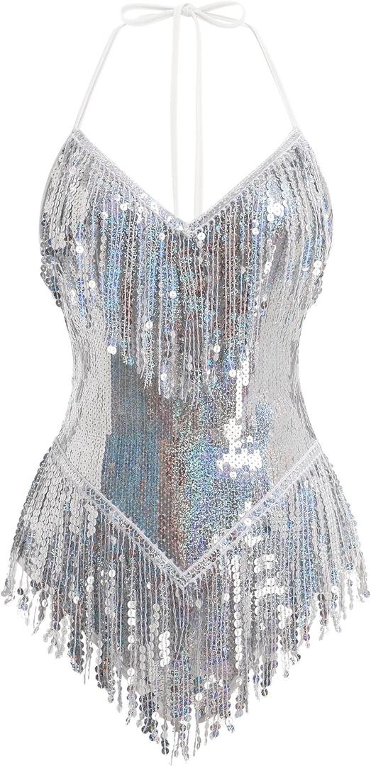 IBAKOM Sexy Sequins Fringe Bodysuit Halter Lace Up Back Jazz Latin Dance Tassel Leotard Acrobat Costume Rave Concert Outfits (Large, Silver)