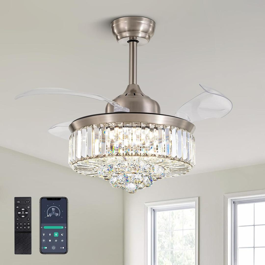 36 Inch Crystal Chandelier Fan, Ceiling Fan with Light and Remote Control, Invisible Retractable Fandelier, Dimmable LED Fan Light Kit for Bedroom,Living Room-Nickel