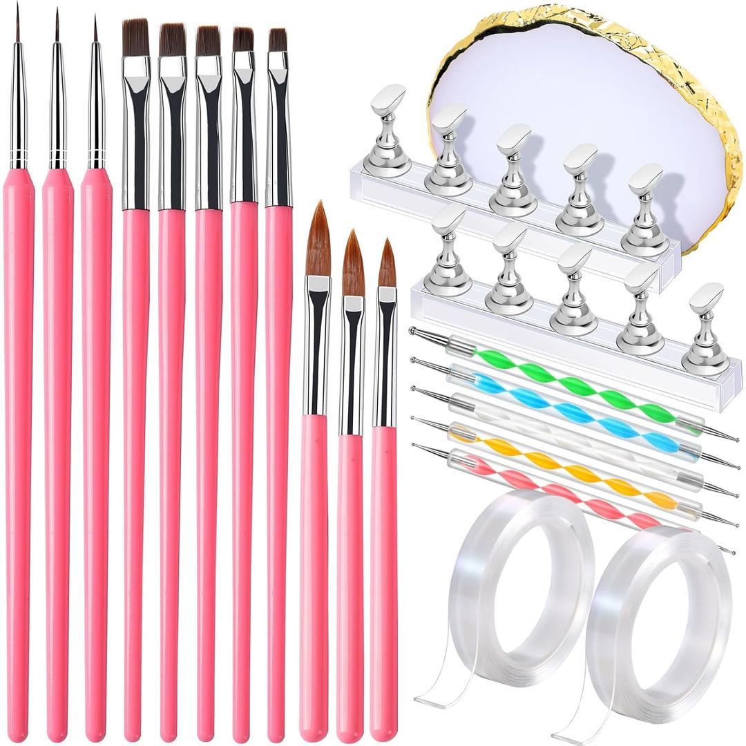 FANDAMEI Nail Art Brushes, Nail Brush Set With Nail Stand, Nail Holder For Painting Nails, Nail Art Tools, Nail Design Tools, 11PCS Nail Brushes For Nail Art, Nail Dotting Tool, Nail Art Palette, Pink