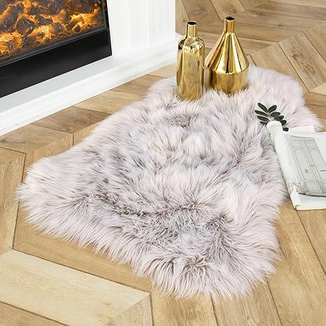 Ashler Faux Fur Rug, Fluffy White Small Sheepskin Rug, Ultra Soft 2x3 Ft Mat, Machine Washable Shag Mats, Nursery Throw for Bed, Living, Kids Room, Beige
