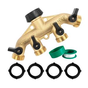 Hourleey Brass 4 Way Heavy Duty Garden Hose Splitter, Water Hose Splitter for 3/4" Hose Connector, Hose Faucet Splitter Hose Spigot Adapter 4 Valves with 4 Rubber Washers & Tape