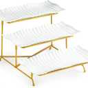 LAUCHUH 3 Tier Trays Stand, Porcelain Serving Trays Collapsible Sturdier Stand Serving Platters Dessert Table Display Set for Indoor Mother's Day Party, Entertaining, Gold, 12.2 Inch
