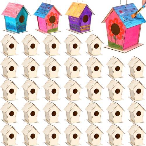 DoubleFill 24 Pcs Bulk 6.3'' Wooden Bird Houses Kits for Kids to Build DIY Unfinished Wood Birdhouses to Paint Wood Arts and Crafts Birthday Gifts for Girls Boys Crafts Class Parties