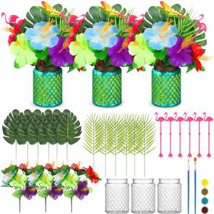 Geelin 38 Pcs Tropical Mason Jars Centerpieces Hawaiian Artificial Hibiscus Flowers Palm Leaves and Flamingoes Table Decorations for Summer Wedding Birthday Decor Vases Home Hostess Gift