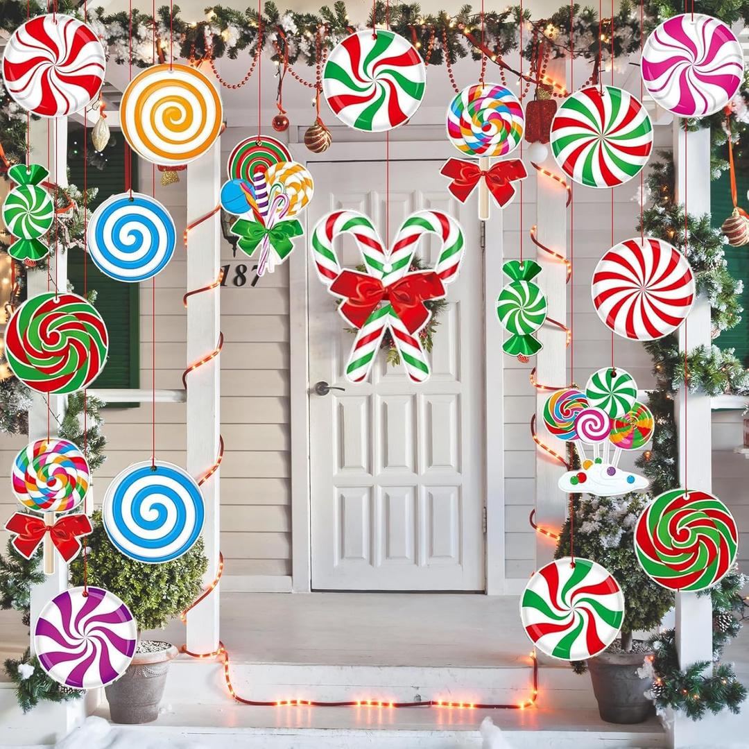 28 Pcs Candy Christmas Ornaments, Christmas Tree Sign Ornaments, Peppermint Candy Yard Signs Decorations, for Xmas Tree, Door, Lawn, Birthday Party, Garden Decoration