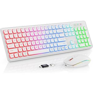 Wireless Keyboard and Mouse - RGB Backlit, Rechargeable & Light Up Letters, Full-Size, Ergonomic Tilt Angle, Sleep Mode, 2.4GHz Quiet Keyboard Mouse for Mac, Windows, Laptop, PC, Trueque (White)