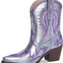 Western Boots for Women Metallic Embroidered Pointed Toe Cowgirl Boots Chunky Heel Pull-On Short Cowboy Boots Wide Calf Country Ankle Boots 10