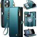 Defencase for iPhone 16 Pro Max Magnetic Wallet Case Compatible with Magsafe with RFID Blocking Zipper Strap Card Holder for Women PU Leather Detachable Case for iPhone 16 Pro Max (6.9"), Blue Green