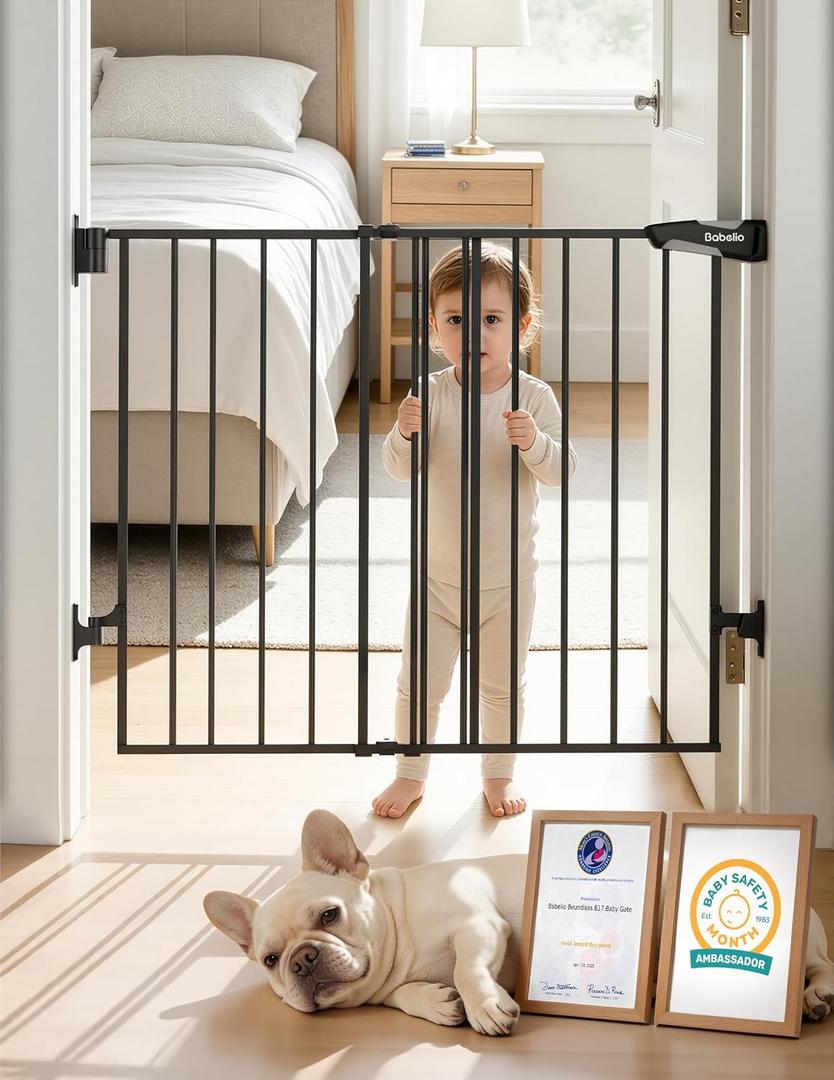 Babelio Baby Gate for Stairs, Kitchen & Doorways, No Bottom Bar| Easy Install| One-Handed Operation| Auto-Close| Hardware Mount Safety Dog Gate (Black, 28" H, 24-39" W-Compact)