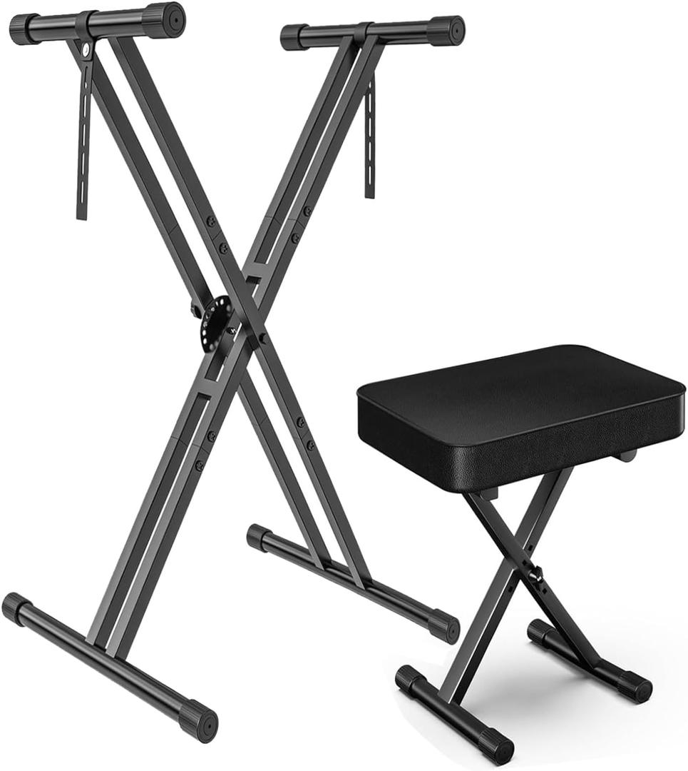GLEAM Keyboard Stand and Bench Set, Double X Style Digital Piano Stand Height from 19" to 38", Heavy Density Foam Padded Stool from 14" to 18" Black