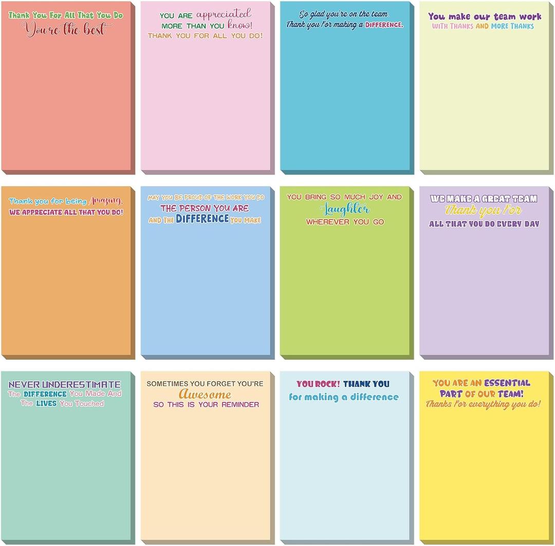 Thenshop 24 Pcs Employee Appreciation Sticky Notes 3 x 4'' Inspirational Sticky Notes Thank You Gifts Funny Self Adhesive Notepads for Coworkers Nurse Teacher Office Supplies(Colorful)