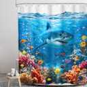 LGhtyro Shark Fish Kids Shower Curtain Bathroom Set 60Wx71H Inches Ocean Under Sea Life Themed Underwater Coral Marine Bath Accessories Animal Fun Toddler Cool Art Home Decor Fabric 12 Pack Hooks