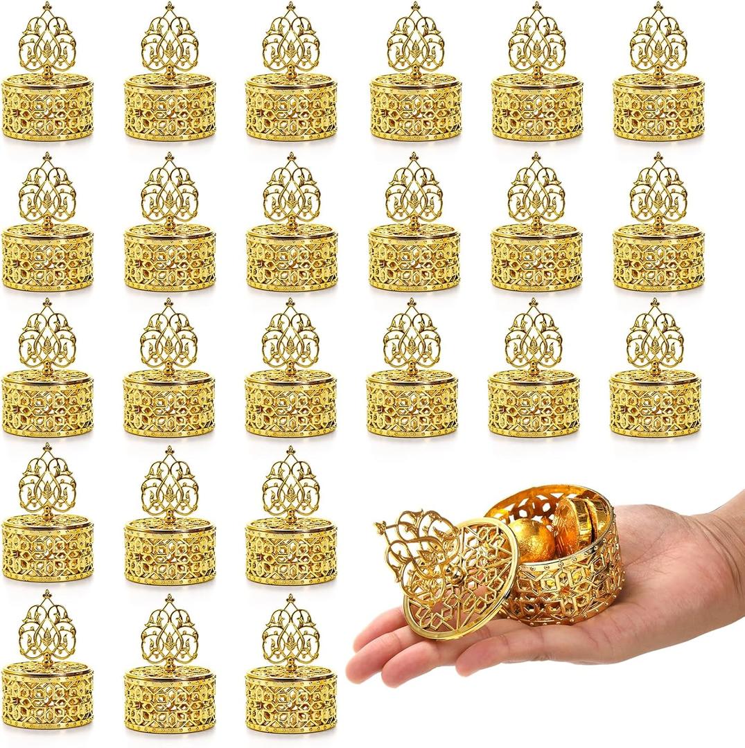 Mezchi 24 Pack Gold Vintage Favor Boxes, Mini Plastic Candy Container with Lid, Small Treat Gift Boxes Candy Storage Container for Wedding Party, Tea Party, 2''Wx 3''H, Round