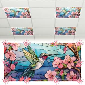 Glooglitter 4 Pcs Hummingbird Fluorescent Light Covers 4 x 2 ft Stained Glass Magnetic Office Light Cover for Ceiling with 10 Magnets Filter Reduce Glare for Classroom School Home
