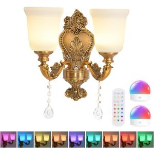 Battery Operated Wall Sconce 2-Light, RGB Dimmable Rechargeable Wall Light with Glass Shade, 48hr Battery Life Wireless Sconce with Remote Control Timer, Farmhouse Rustic Style Wall Lighting Fixture