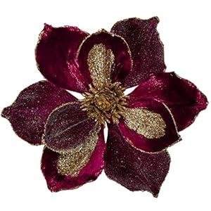 Briful 10’’ Large Heads Christmas Glitter Magnolia Flowers Christmas Tree Ornaments Set of 3 Artificial Flowers with Picks Stems for Xmas Tree Holiday Decorations, Burgundy