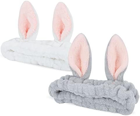 YISSION 2PCS Bunny Ears Spa Headband No Slip Head Band for Face Wash Makeup Skincare Facial Headband Elastic Hair Band Carol Fleece Headbands for Women Girls (White Gray)