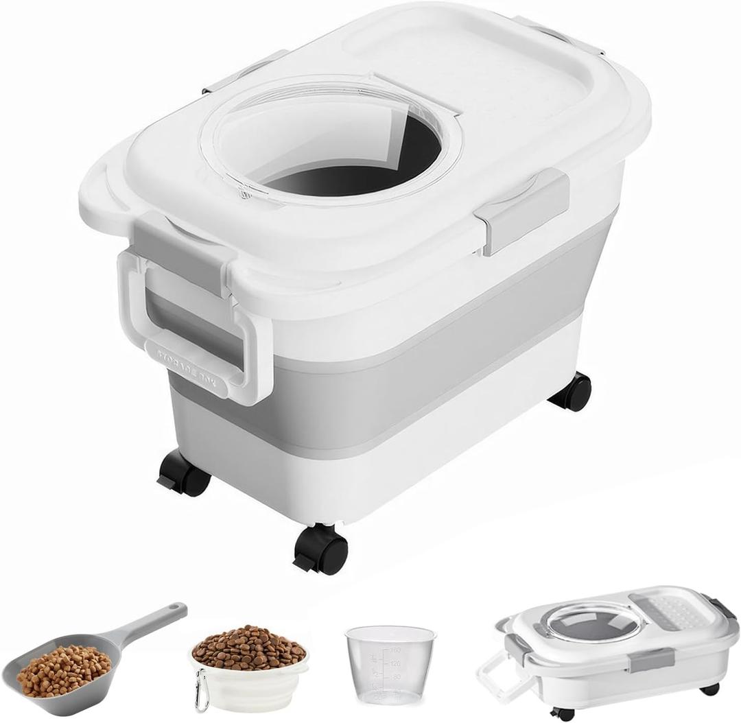 cjc Pet Food Container, Collapsible Dog Food Storage Container with Detachable Casters Airtight Lid or Dog Cat Bird Food Keeping Dry Kibbles, with Scoop Inner Bin Folding bowl Measuring Cup (Gray)