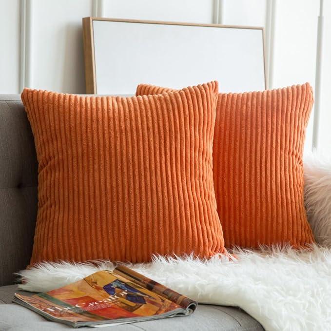 MIULEE Winter Pack of 2 Orange Pillow Covers 18x18 Inch Soft Boho Striped Corduroy Throw Pillow Covers Decorative Square Cushion Cases Pillowcases for Sofa Bedroom Couch Home Decor.