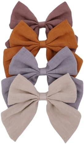 8 PCS Sailor Bow Hair Clips for Kids Girls Women Linen cotton Hair Bow Alligator Clips Baby Toddler Girl Mom Hair Accessories (Beige/Gold)