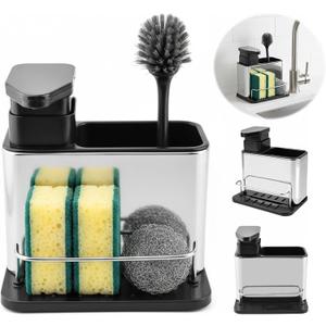 Dish Soap Dispenser, 3-in-1 Sponge Holder, Kitchen Soap Dispenser, Organizer Dish Soaps Dispenser,Sink Caddy,Stainless Steel Dishs Brush Scrubber with Sponge Holder(Color:Black)