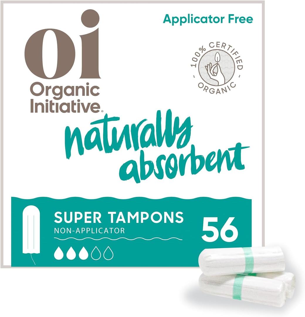 Oi | Organic Initiative - 100% Certified Organic Cotton Non-Applicator Tampons | Ultra-Absorbent, Unscented, Natural, Non-Toxic, Applicator Free | Super | 56 Tampons
