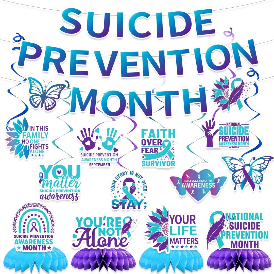 2 x Suicide Prevention Awareness Party Decorations,Include Suicide Prevention Month Banner and Hanging Swirls and Honeycomb Centerpieces for Suicide Prevention Month Party Supplies.