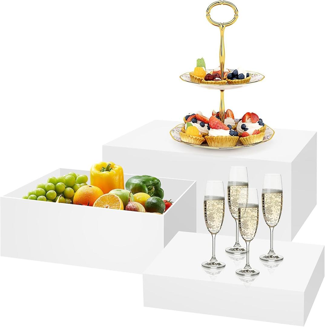 3 Pack White Buffet Food Risers, Large Size Acrylic Display Box for Dessert Table Food Drink Collectibles Jewelry Figures,Rectangle Display Stands for Retail Vendor Events, 12"11"10"