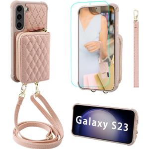 MONASAY Zipper Wallet Case Fit for Galaxy S23, 6.1in [RFID Blocking] Flip Leather Handbag Phone Cover with Card Holder and Crossbody Shoulder Lanyard Strap, Rosegold