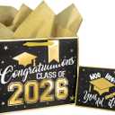 Loveinside 13" Large Black & Gold Graduation Gift Bag, Gold Foil Class of 2026 Congratulations Design Gift Bag with Tissue Paper, Card, Tag for Graduates, Graduation Party, 13" x 5" x 10", 1 Pcs