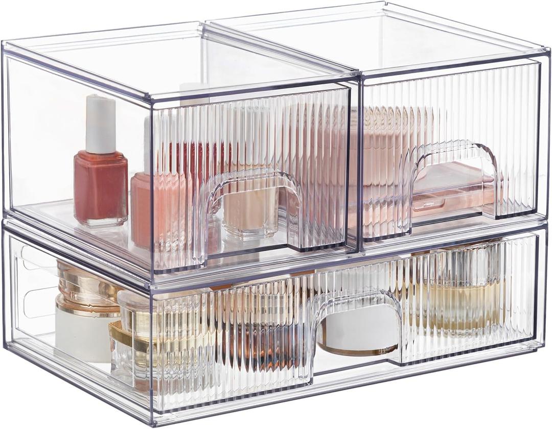 Clear Stackable Desk Storage Drawers, 3 Pack Acrylic Bathroom Makeup Organizers, Easily Assemble All Purpose Plastic Bins for Brightroom, Pantry Organization, Vanity, Undersink, Cabinet