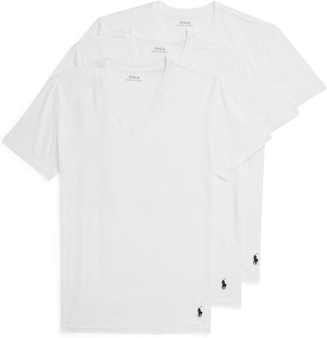 POLO RALPH LAUREN Men's 4d Flex Cooling Ventilation Cotton Modal V-Neck Undershirts (Large, White/Cruise Navy - 3 Pack)