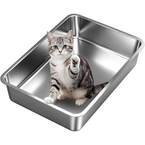 Stainless Steel Cat Litter Box with High Sides, Large Metal Litterbox Pan, Odor-Free & Non-Stick Smooth Surface, Leakproof One-Piece Kitty Litter Tray for Indoor Cats, Kittens, (L)