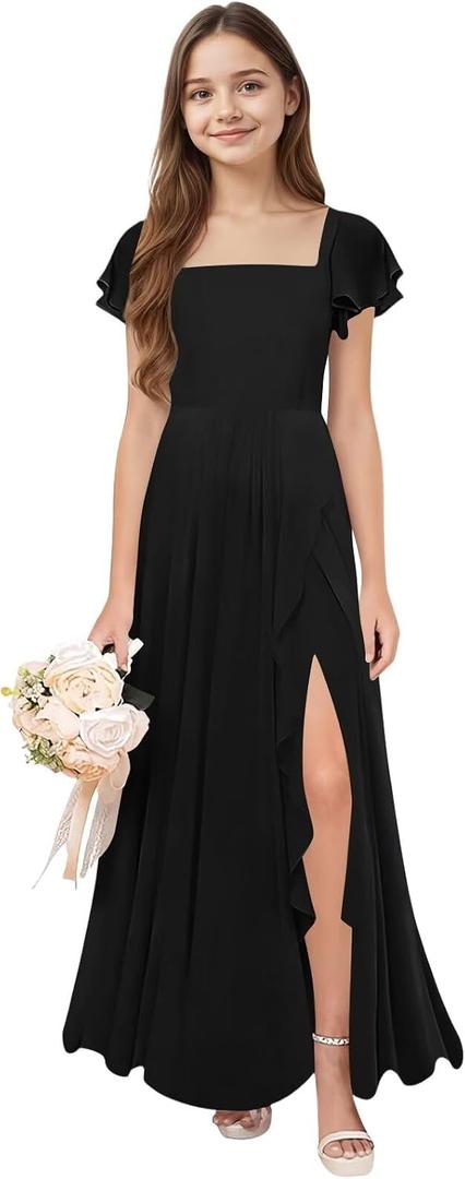 Eightale Junior Bridesmaid Dress Black Chiffon Flower Girl Long Formal Dresses Ruffle Sleeve Maxi Teen Wedding Party Gown with Slit Size 18 (Black)