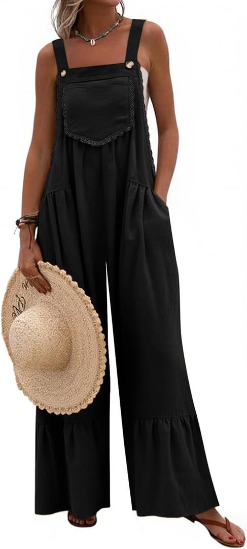 Dokotoo Women's Lace Casual Overalls Summer Jumpsuit Loose Baggy Wide Leg Ruffle Pants Rompers with Pockets (Black, XL)