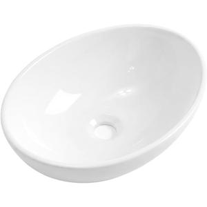 Bathroom Vessel Sink Bowl 16"x13" Ceramic Above Counter Vanity Sink | 16 Inch White Porcelain Egg Shape Countertop Oval Bathroom Sink Only