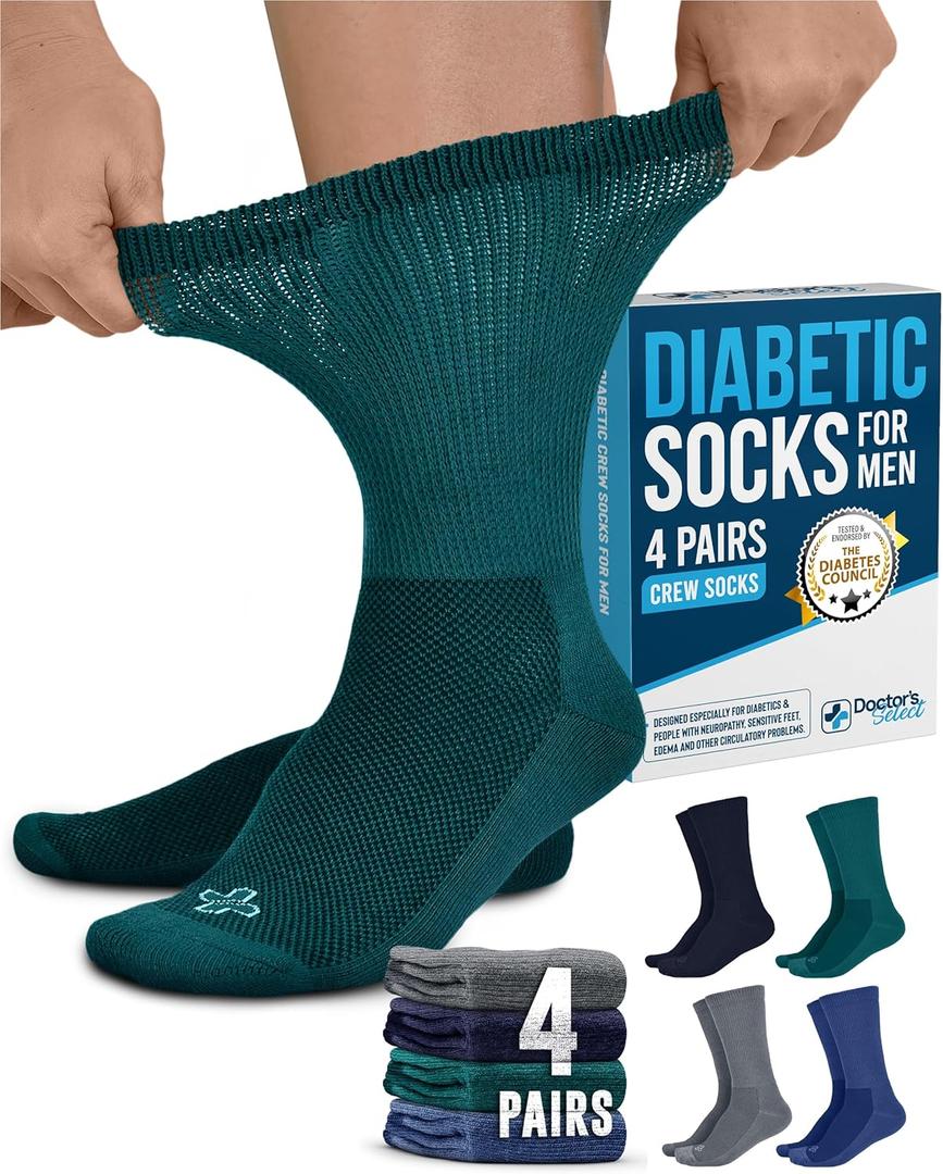 Doctor's Select Men's Diabetic Socks for Men - 4 Pairs, Size: Large (Large, Crew Height - Navy, Green, Blue, Grey)