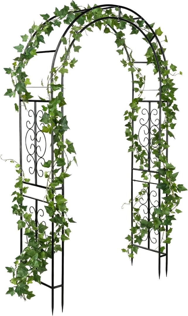 Plow & Hearth Arch Metal Outdoor Garden Arbor 7 Feet Tall Black Iron Trellis for Climbing Plants Outdoor, Wedding Party Arch, Outdoor Patio Decor, 84 inches tall x 45 inches wide x 16 inches deep