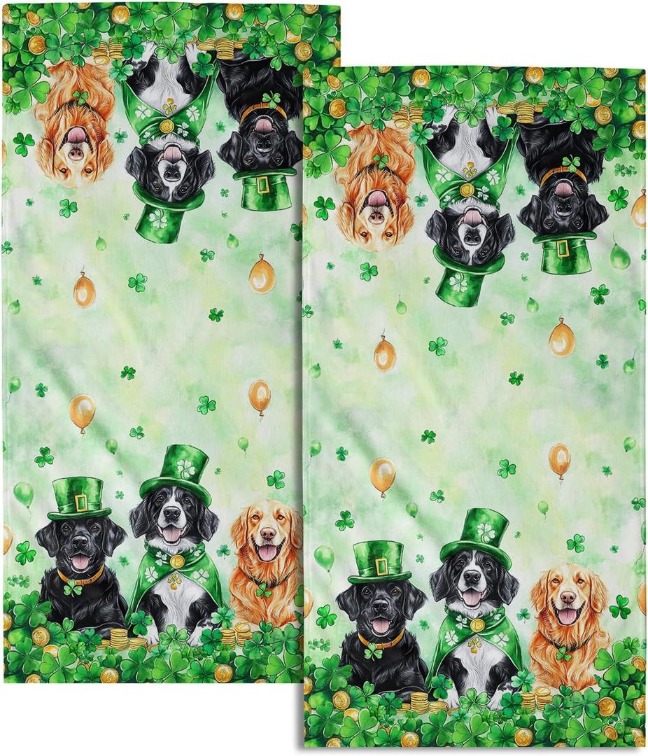 St Patrick's Day Dogs Hand Towel Set of 2 Lucky Clover Shamrocks Decorative Hand Towels for Bathroom Irish Green Kitchen Dish Towel St Patrick's Soft Absorbent Face Fingertip Towels for Guest Gym Spa (14.4x28.3in)