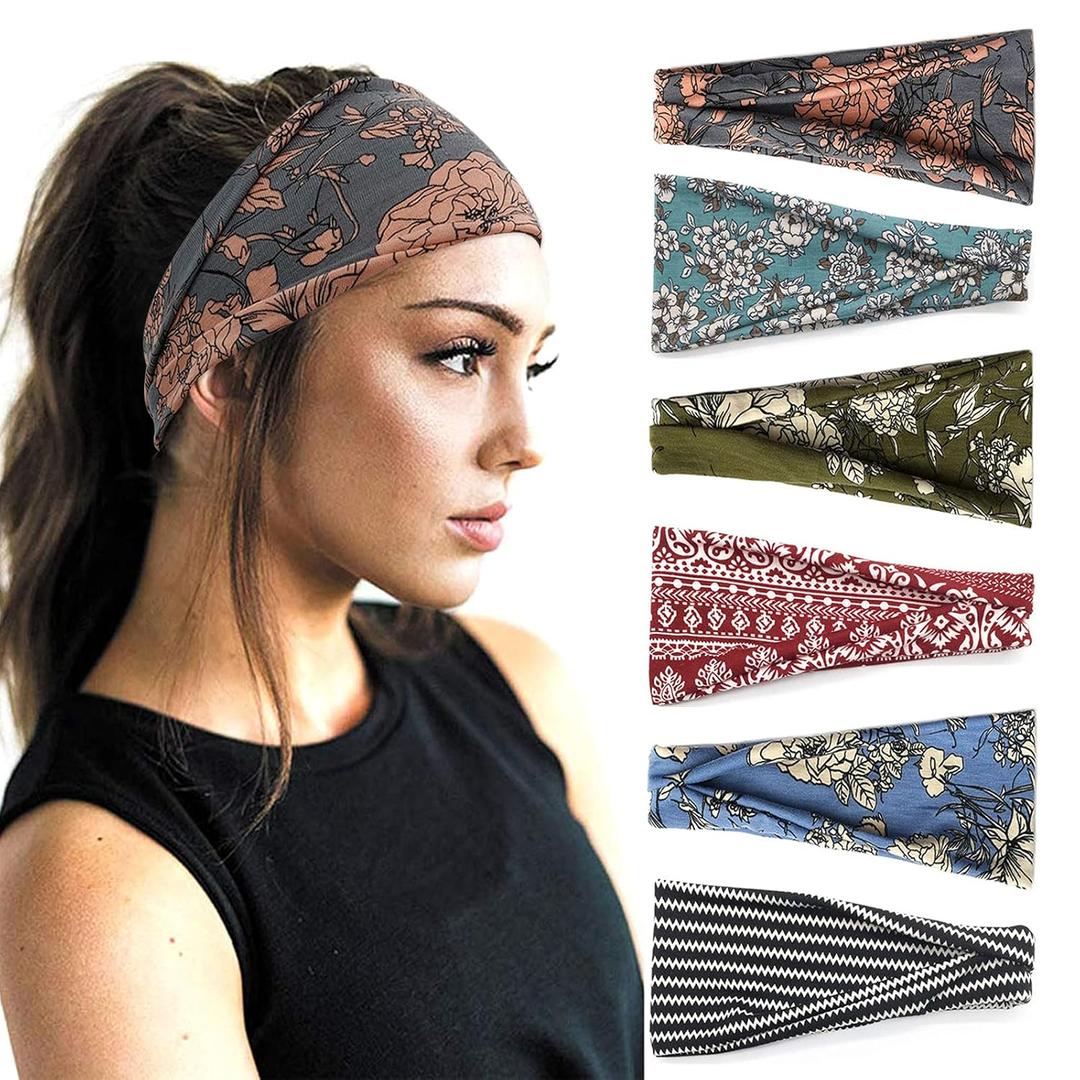 Boho Headbands For Women Fashion Wide Headband Yoga Workout Head Bands Hair Accessories Band 6 Pack (Flower 3)