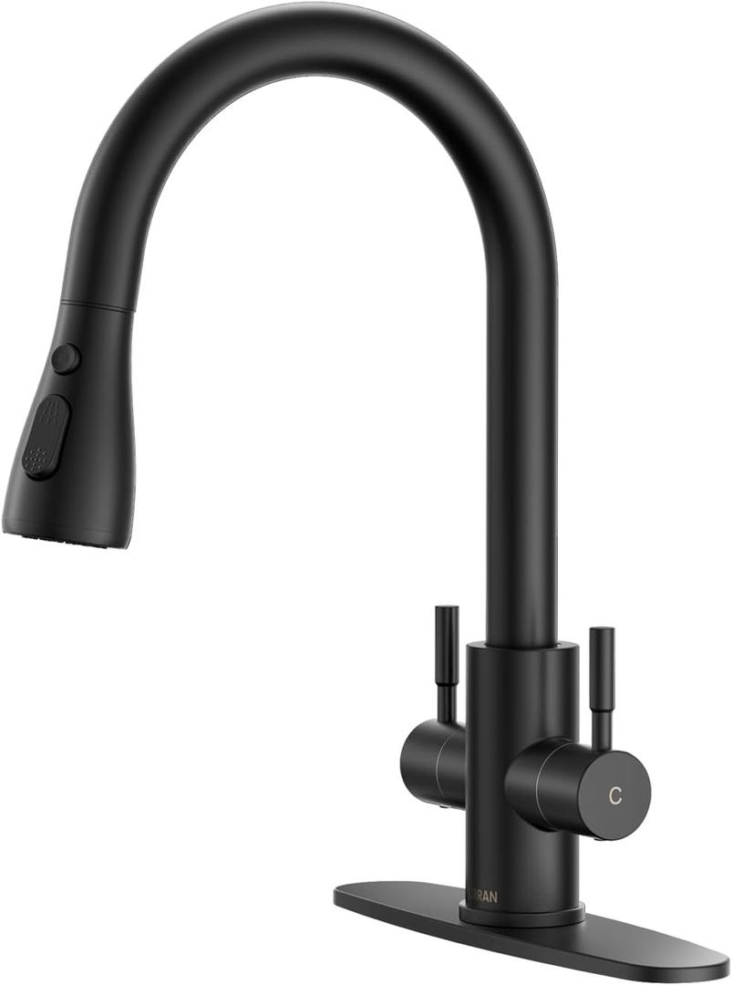 Hurran Kitchen Sink Faucet with Pull Down Sprayer, 2 Handles High Arc Stainless Steel Kitchen Faucet with Escutcheon, Suitable for Kitchens, RVs, and Bars, Black
