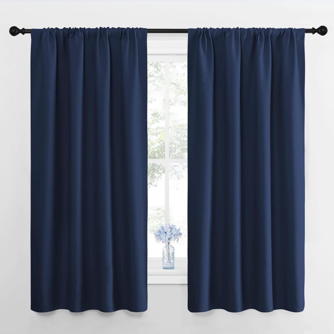 NICETOWN Bedroom Curtains Blackout Draperies - All Season Thermal Insulated Solid Rod Pocket Top Blackout Curtains/Drapes for Kid's Room (Navy, 1 Pair, 42 x 63 Inch)