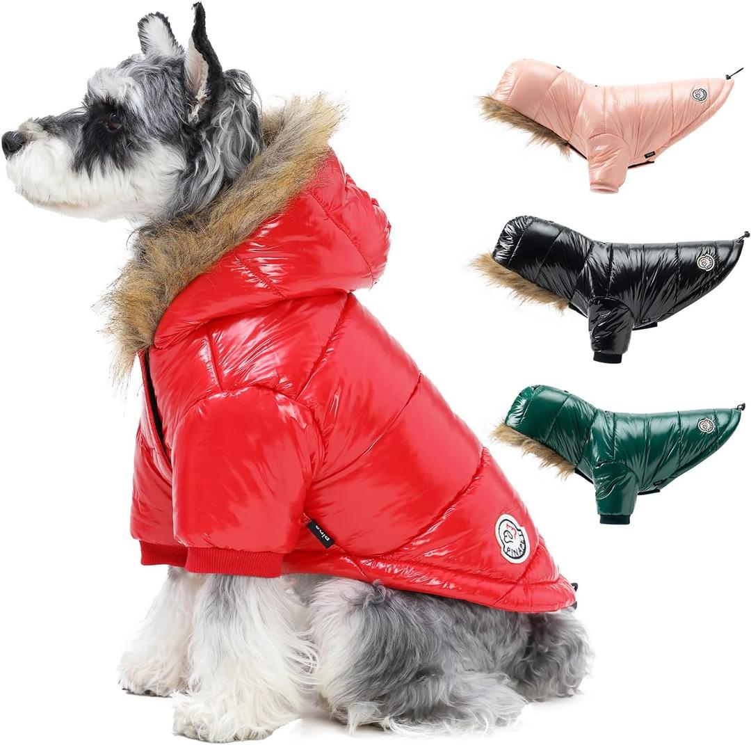 PINA Winter Coat with Faux Fur Hood, Windproof and Warm, Suitable for Small to Large Dogs, Red, M (M(chest:19.6in))