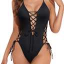 Tempt Me Women Sexy Lace Up One Piece Swimsuit Deep Plunge V Neck High Cut Bathing Suits (Large, Black)