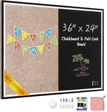 Magnetic Chalkboard Felt Bulletin Board Combination, 32"x24" Large Blackboard & Felt Cork Board Combo, Self-Adhesive Push Pins Vision Board for Home, School and Office